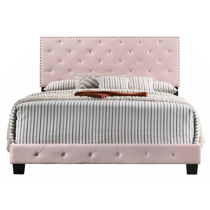 Pink Velvet Platform Bed with Nailhead Trim, Full Size