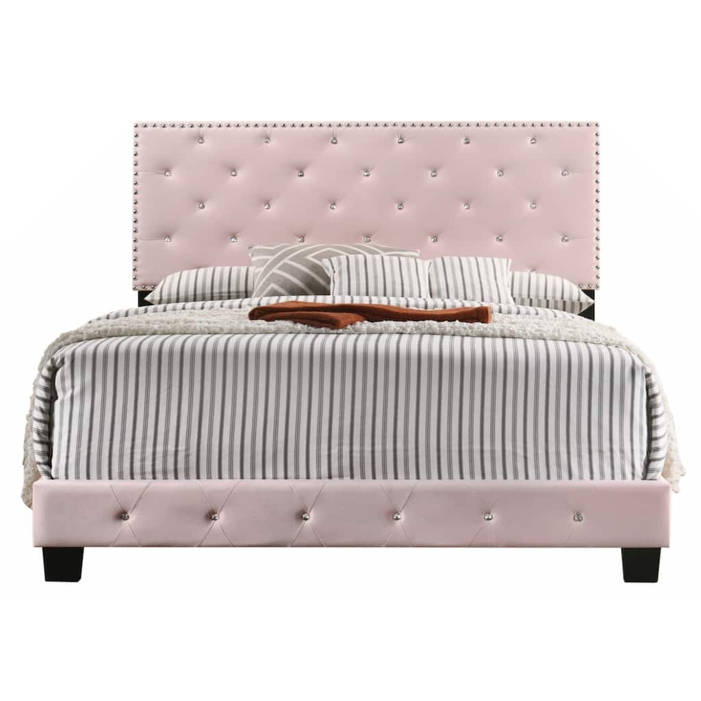 Pink Velvet Platform Bed with Nailhead Trim, Queen Size