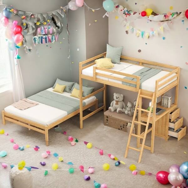 slide 2 of 15, Twin over Full Bunk Bed with Built-in Desk and Three Drawers-Natural Natural