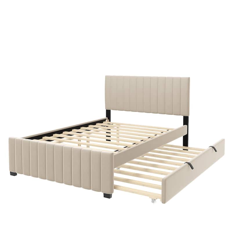 Full Size Platform Bed Stylish Velvet Upholstered Bed Frame with Headboard and Footboard & Pull Out Twin Size Trundle