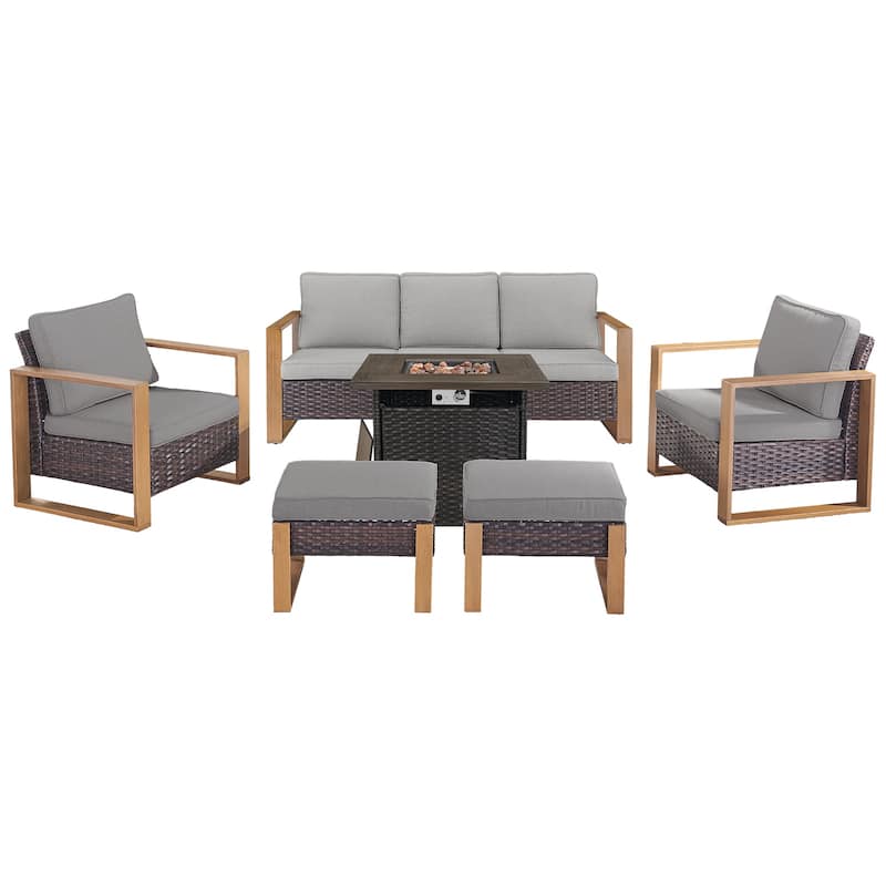 Pocassy Outdoor Fire Pit with 3-Seat Sofa Club Chairs Patio Furniture Set