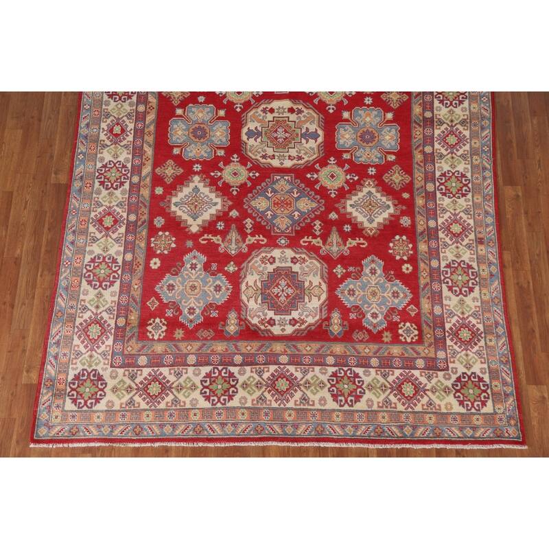 Hand Knotted Oriental 100% Wool Carpet Traditional Geometric Red Kazak Area Rug - 10' 0'' X 6' 11''