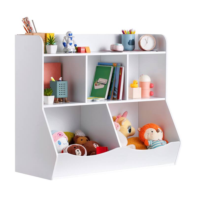 White Kid Toy Storage Cubby Organizer with Bookshelf and 5 Compartment Perfect for Nursery and Playroom - 35” × 16” × 30”