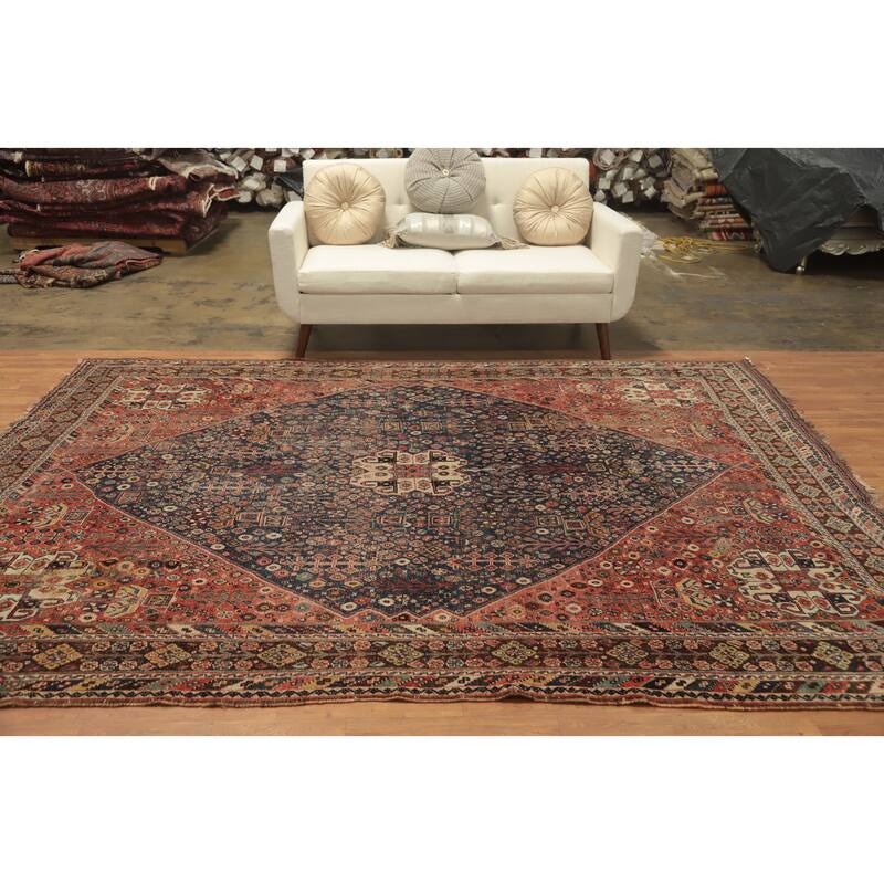 Hand Knotted Oriental 100% Wool Carpet Traditional Tribal Navy Blue & Blues Qashqai Area Rug - 9' 11'' X 7' 3''