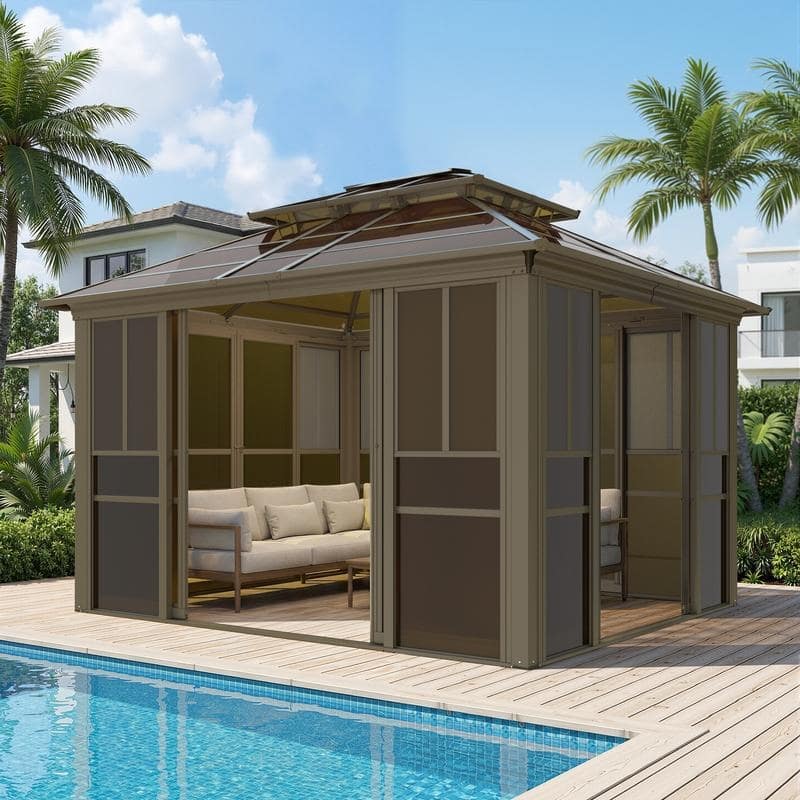 EROMMY Sunroom Gazebo with Double Roof, Adjustable Windows & Lockable Sliding Doors for Patio, Garden, and Backyard