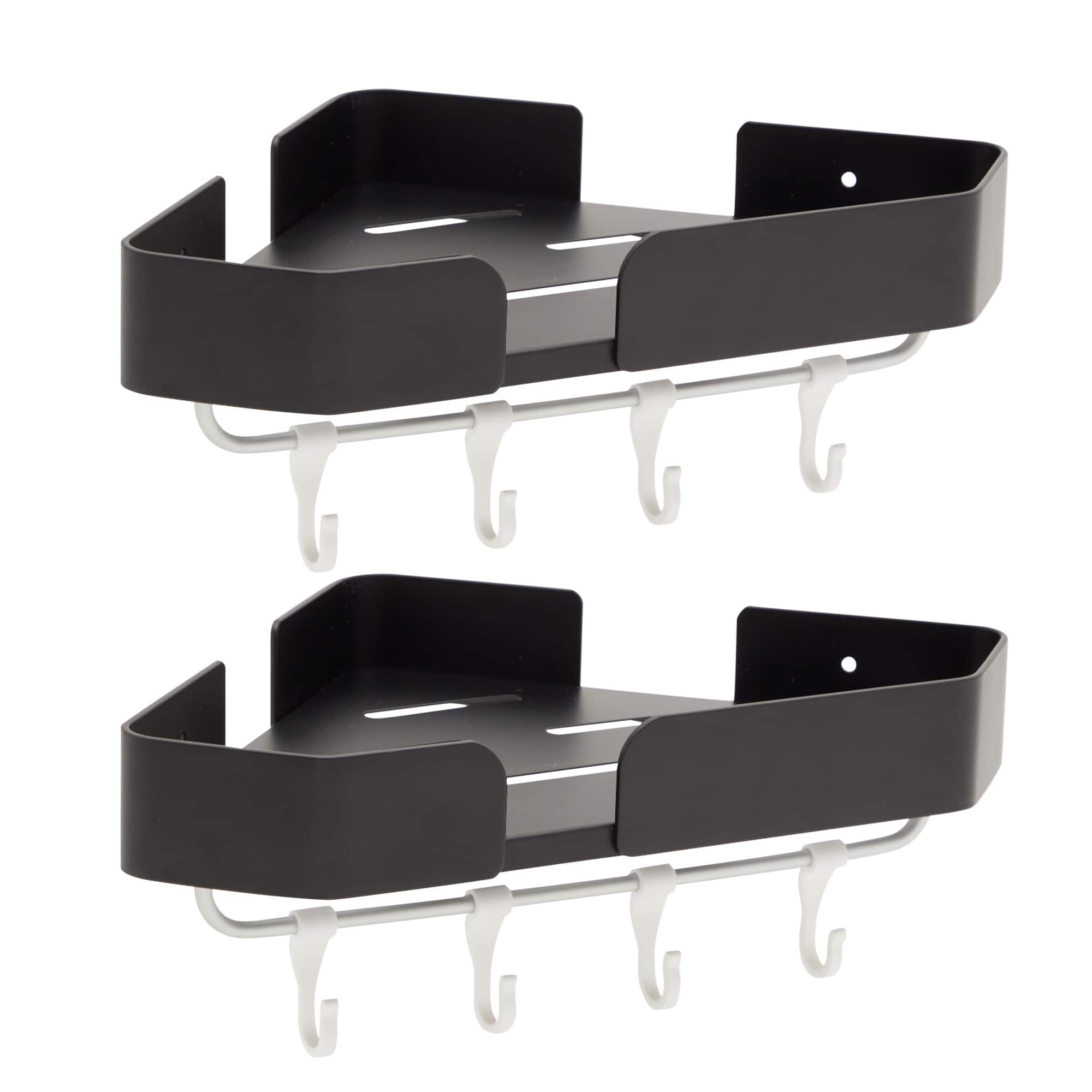 2x Bathroom Corner Shelves with Hooks, Wall Mounted Shower Caddy Organizer Black Bed Bath