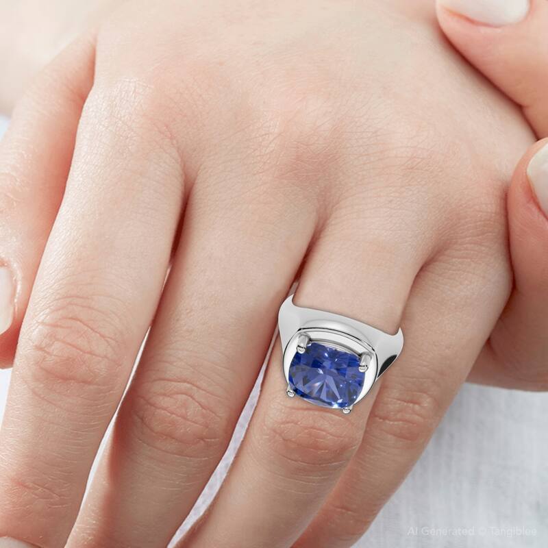 5Ct Cushion Blue Sapphire Button Ring Gold lab Grown