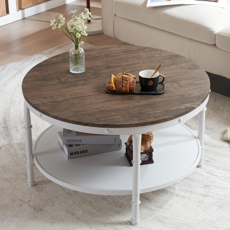 Double-layer Round Dark Walnut-colored Black-veined MDF Panel, White Wrinkled Baked Iron Frame, Industrial Style Coffee Table - 8' x 11'