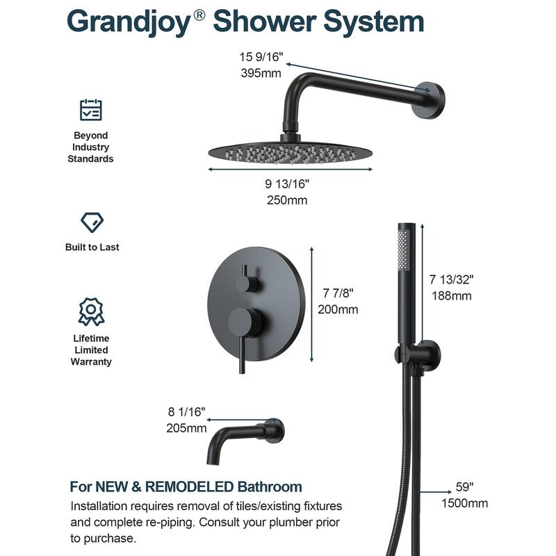 GRANDJOY 3-in-1 Shower Faucet System 10 Inch Rainfall Shower Head with Tub Spout Bathroom Shower Faucets