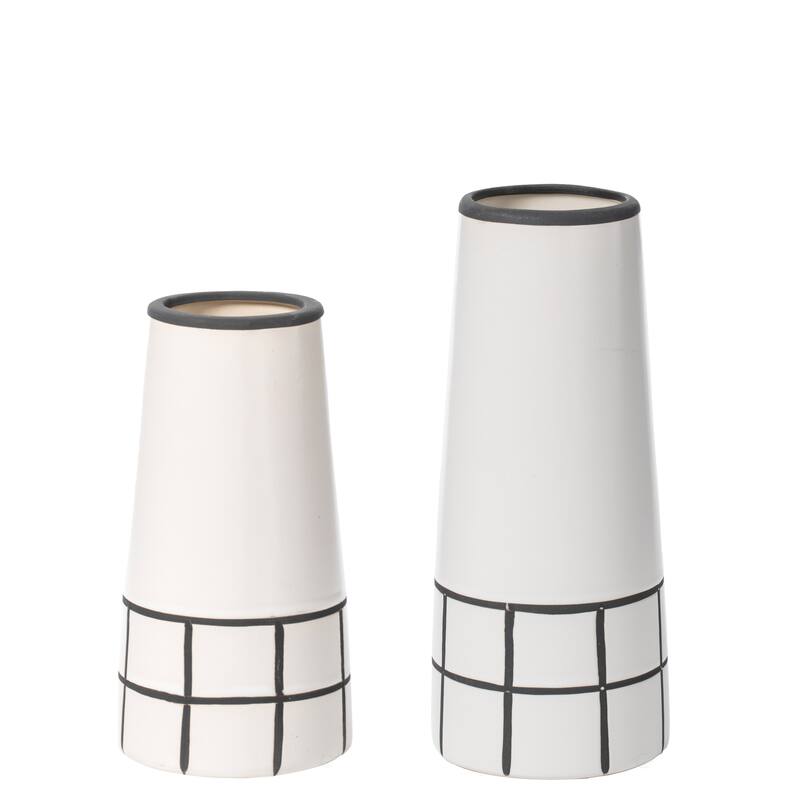 Ceramic Modern Painted Grid Tapered Flower Table Vase, Black and White