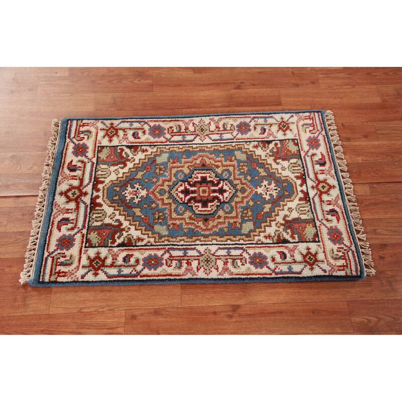 Hand Knotted Oriental 100% Wool Carpet Traditional Medallion Navy Blue & Blues Heriz (serapi) Area Rug - 3' 0'' X 2' 0''