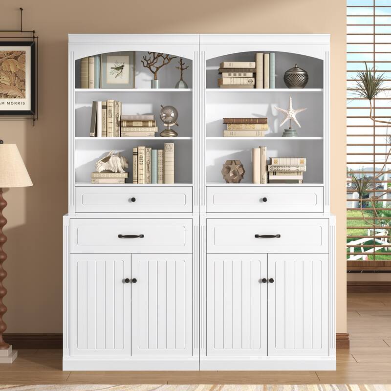 White Bathroom Storage Cabinet with Four Doors, Drawers, Adjustable Shelf & Six Open Shelves - Durable MDF Construction, Combo