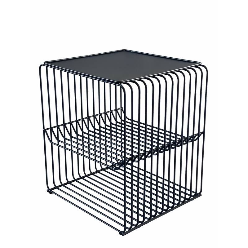 20 Inch Tall Side End Table, 2 Shelves, Square Top, Black Metal Wire Frame