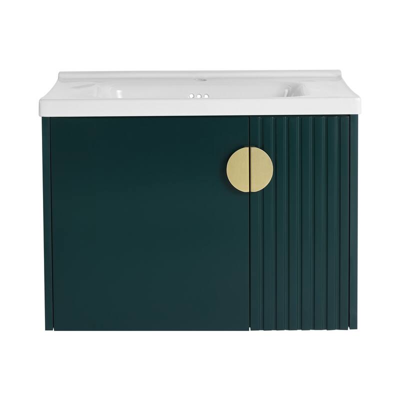 Floating Bathroom Vanity Cabinet with Pre-Drilled Ceramic Sink and Multiple Handle Options - 27.75in L