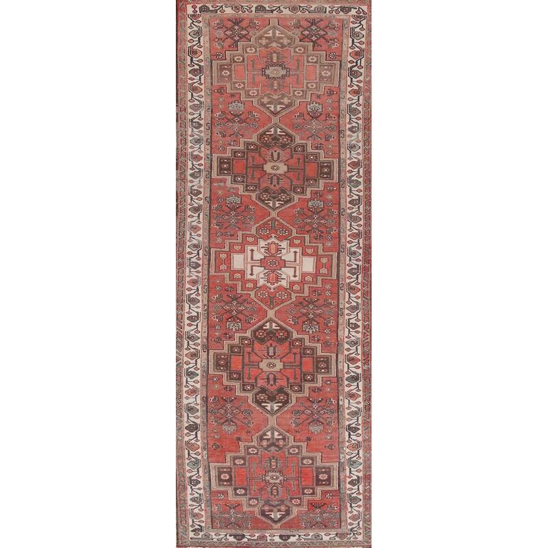 Hand Knotted Oriental 100% Wool Carpet Traditional Geometric Oranges & Rust Hamedan Runner Rug - 11' 2'' X 3' 3''