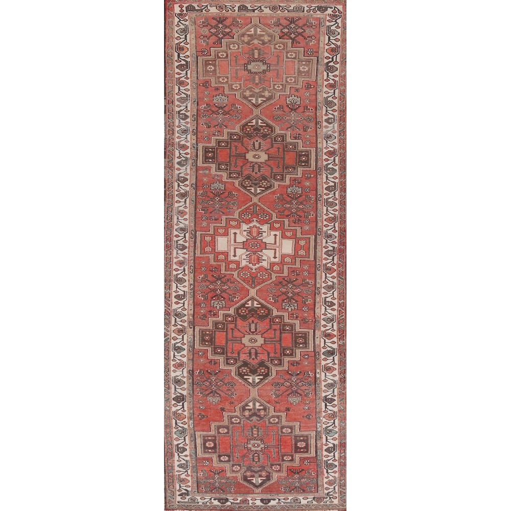 Hand Knotted Oriental 100% Wool Carpet Traditional Geometric Oranges & Rust Hamedan Runner Rug - 11' 2'' X 3' 3''