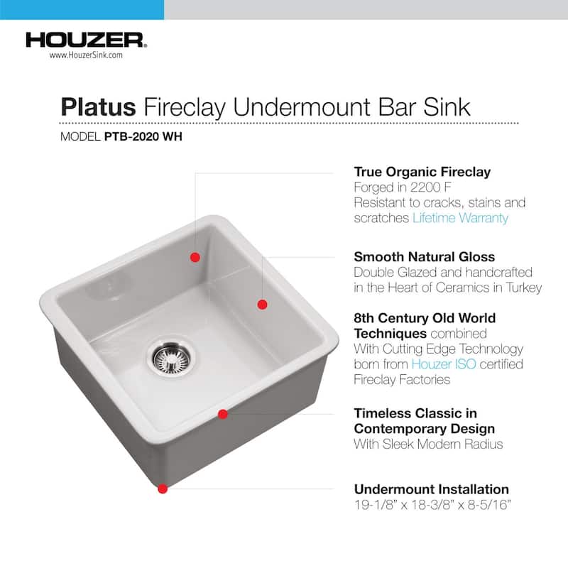 Houzer Platus 20" White Fireclay Undermount Square Single Bowl Bar Sink w/ Basket Strainer, Basin Grid Included