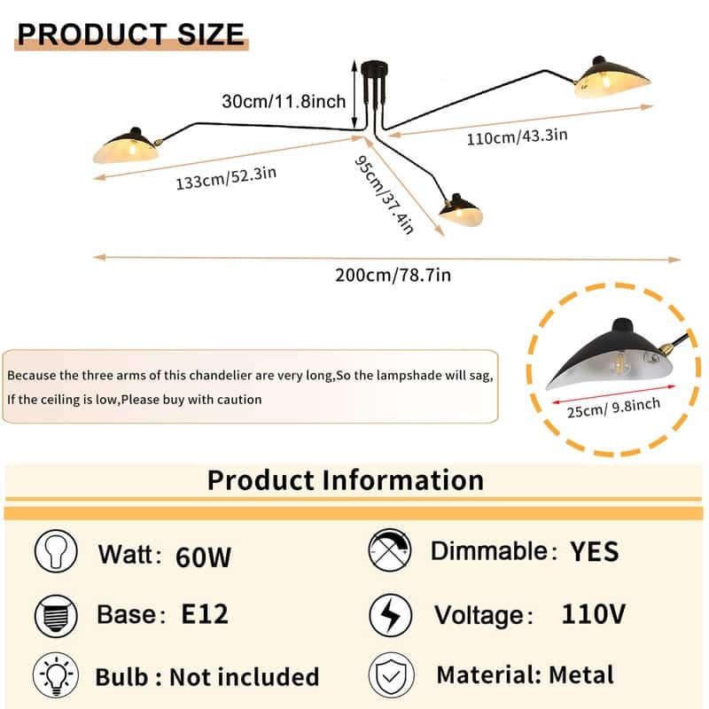 Mid Century Modern Chandelier Black 3 Arm Ceiling Light Living Room