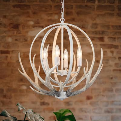 Unique Designed Vintage Resin Antlers Chandelier, Rustic Farmhouse 4 -Light Antler Pendant for Dining Living Room, Kitchen
