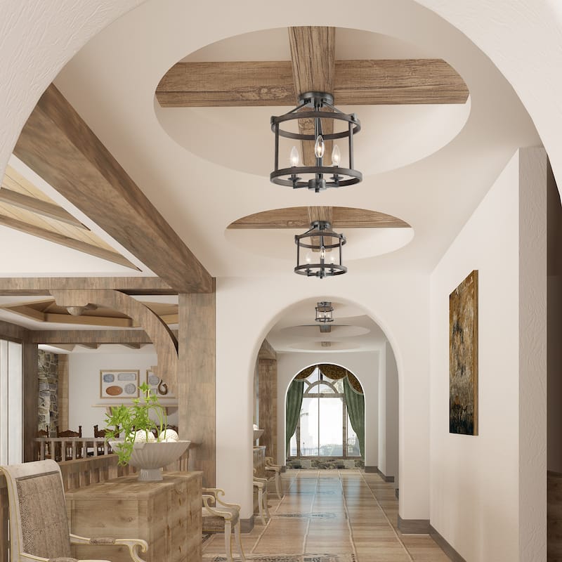 Farmhouse 3-Light Drum Semi-Flush Mount Wood Grain Ceiling Lights