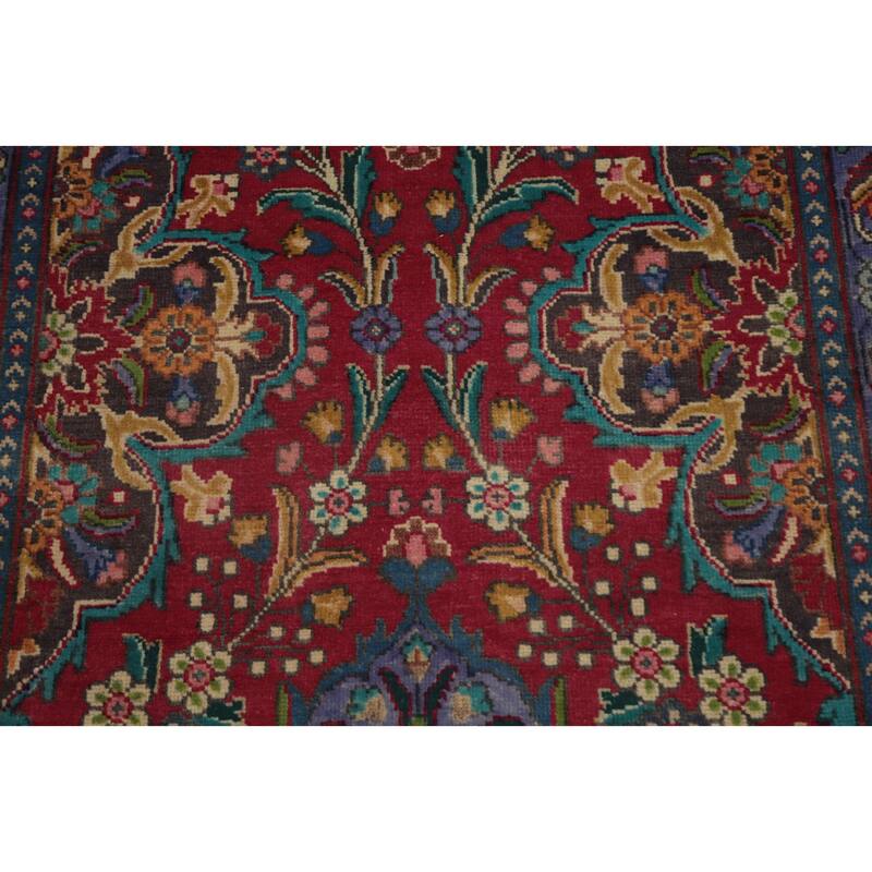 Hand Knotted Oriental 100% Wool Carpet Traditional Floral Red Tabriz Runner Rug - 11' 1'' X 3' 1''