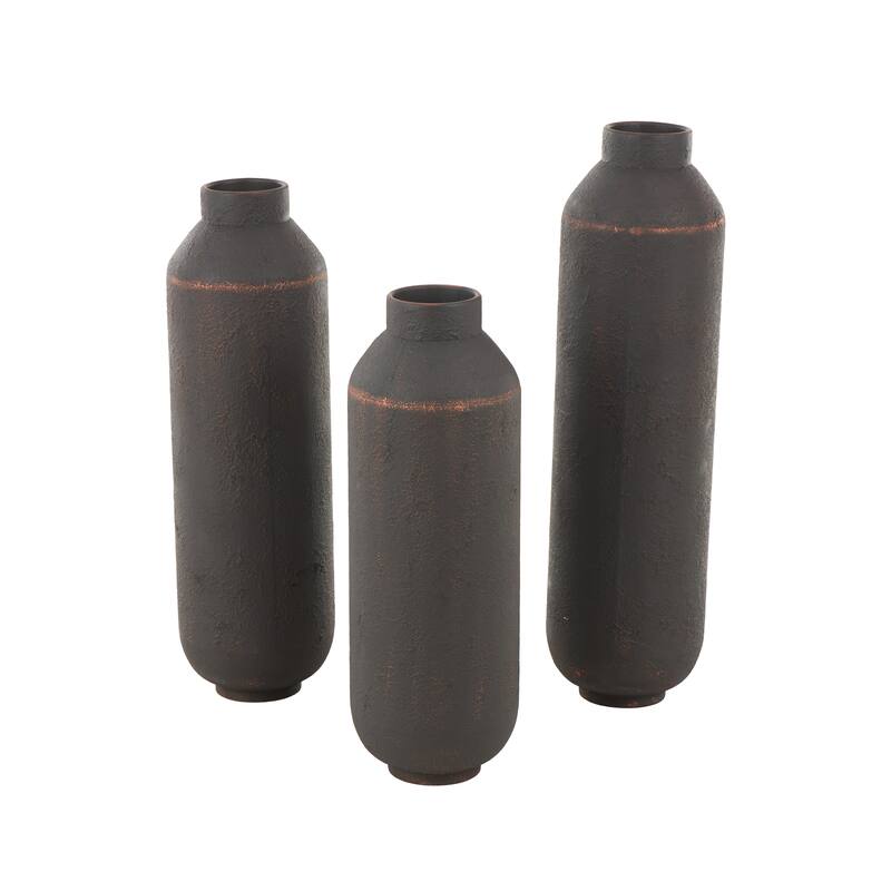 Dark Brown Metal Floor Decorative Vase with Copper Accents (Set of 3)