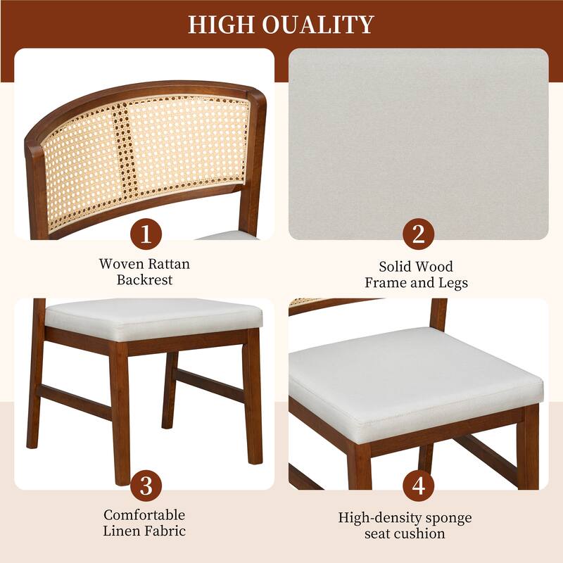 Rattan Dining Chairs Set of 2, Fabric Upholstered Kitchen Side Chair, Curved Rattan Back