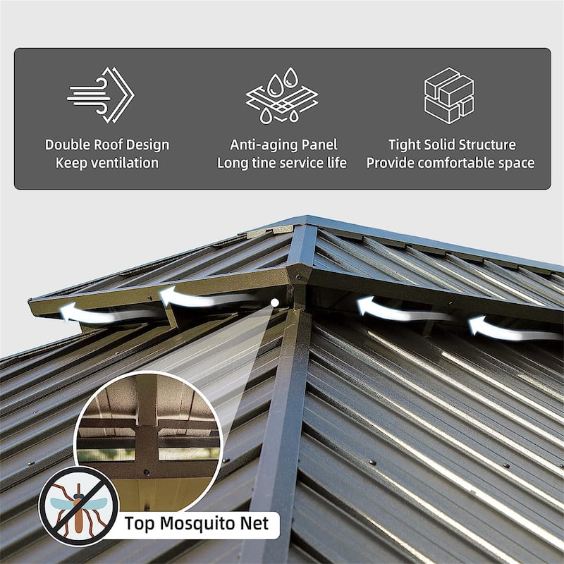 12'x18' Hardtop Gazebo, Aluminum Frame, Galvanized Steel Double Roof, Curtains and Netting