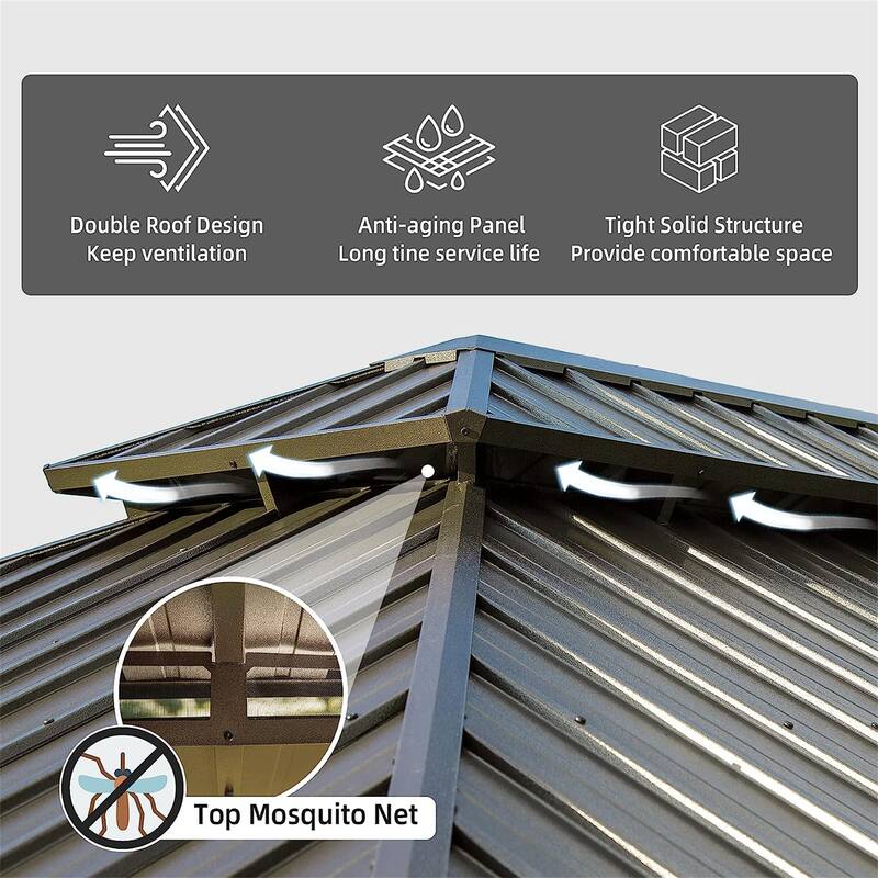 GDFStudio - Terry Outdoor Aluminum Hardtop Gazebo with Galvanized Steel Double Roof, Curtains & Netting