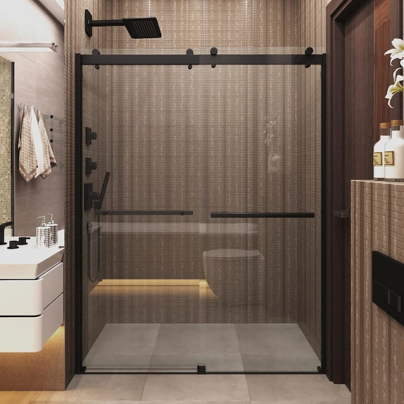 Seawin Mara Frameless ByPass Sliding Glass Shower Door 44 - 48 in. W x 78 in. H 3/8 in. (10 mm) Thick Clear Tempered Glass - Matte Black