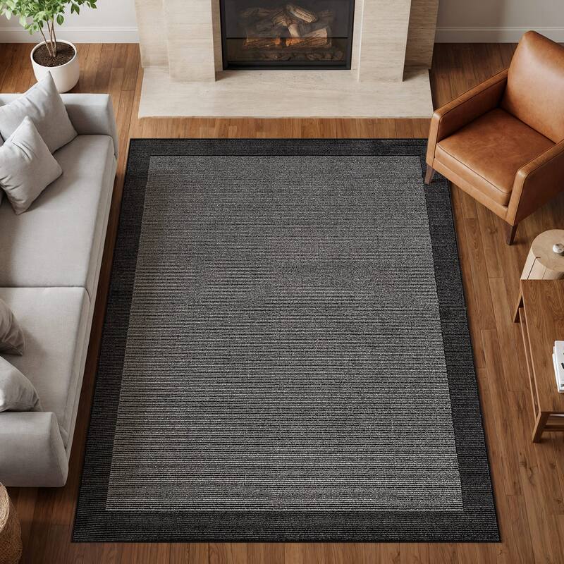 Modern Geometric Stripe Bordered Area Rug for Living Room, Bedroom, or Entryway - Low Pile Indoor Rug