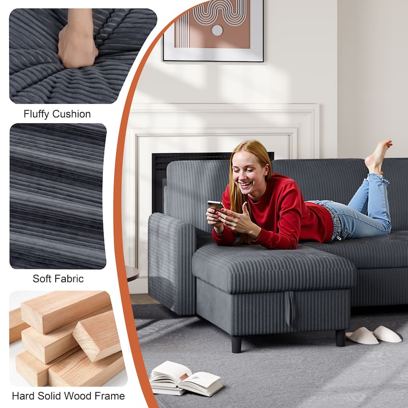 Futzca 3-in-1 Convertible Corduroy Sofa Bed with Storage, L-Shaped Sectional Couch