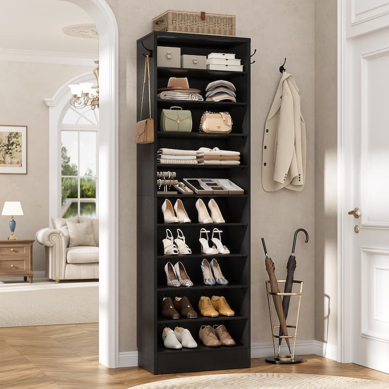 Freestanding 10-Tier Shoe Storage Cabinet,Narrow Wood Shoe Rack Shoe Organizer,Sturdy Closet Organizer Open Display Cabinet - Set of 1(17.7'' W) - Black