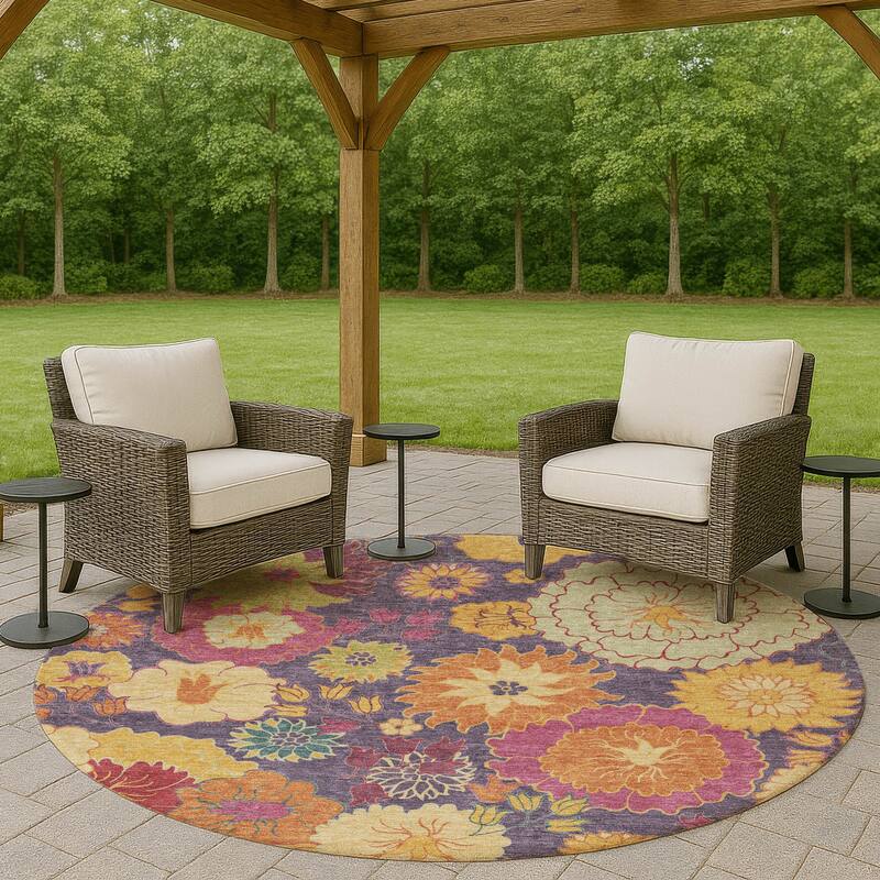 Machine Washable Indoor/ Outdoor Modern Floral Chantille Rug - Purple - 8' x 8'