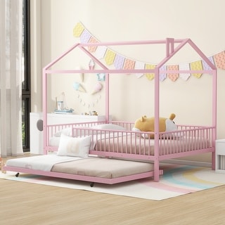 Roomfitters Full Size Metal House Bed with Fence, Space-Saving Design with Trundle, Fun and Functional