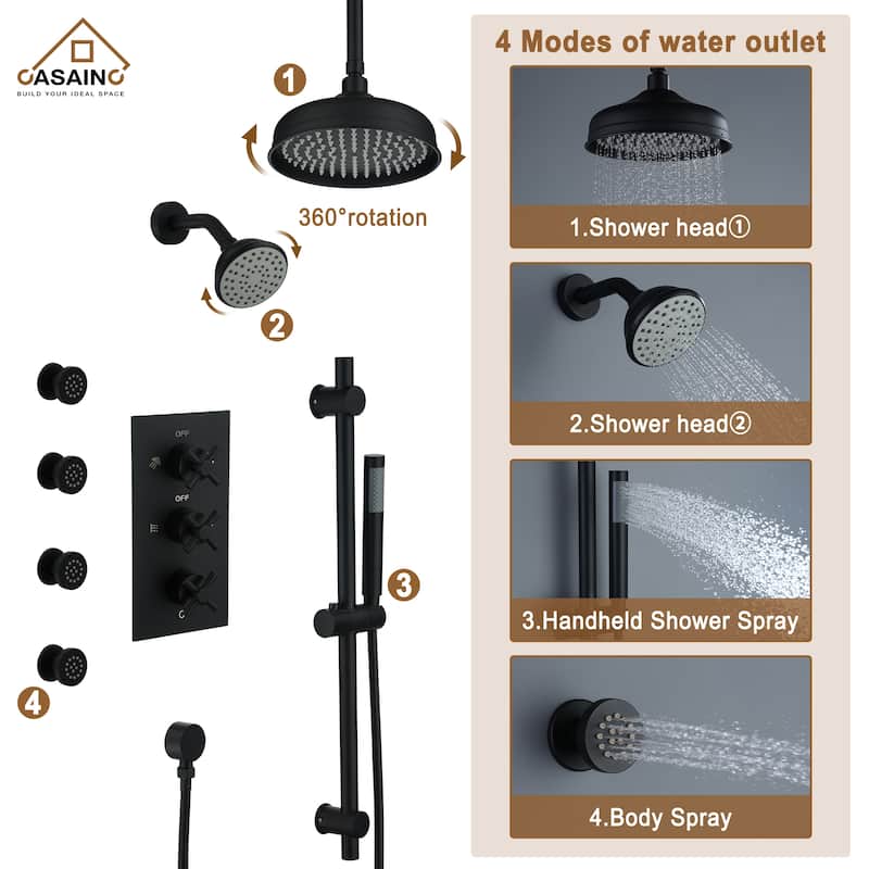 8-In Ceiling Mounted Shower System with Sliding Bar and 4 Body Sprays