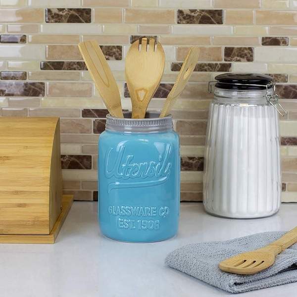 Home Garden Canisters Jars Vintage Ceramic Utensil Crock Aqua