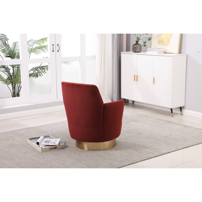 Red Velvet Modern 29.3" Upholstered Swivel Barrel Chair with Gold Stainless Steel Base