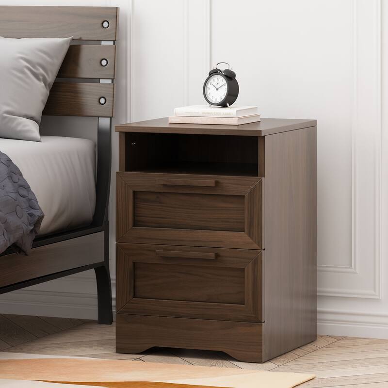 Roomfitters Contemporary Nightstand End Table with Open Storage Shelf and Wood Pull, Side Table for Living Room, Walnut