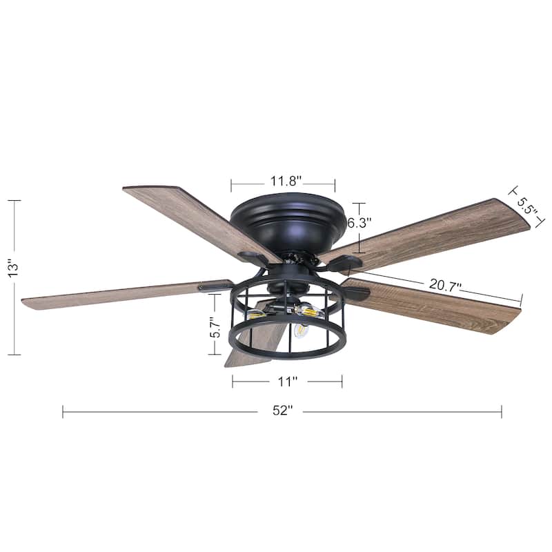 52-IN Flush Mount Black Ceiling Fan with Lights and Remote