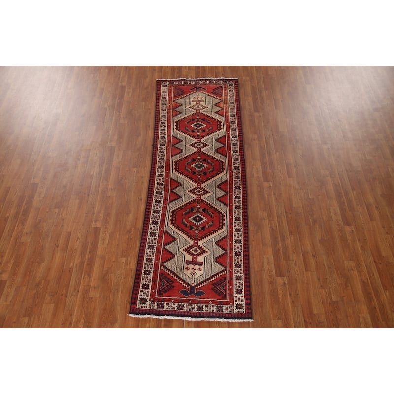 Red Ardebil Persian Vintage Runner Rug Handmade Wool Carpet - 3'2"x 9'8"