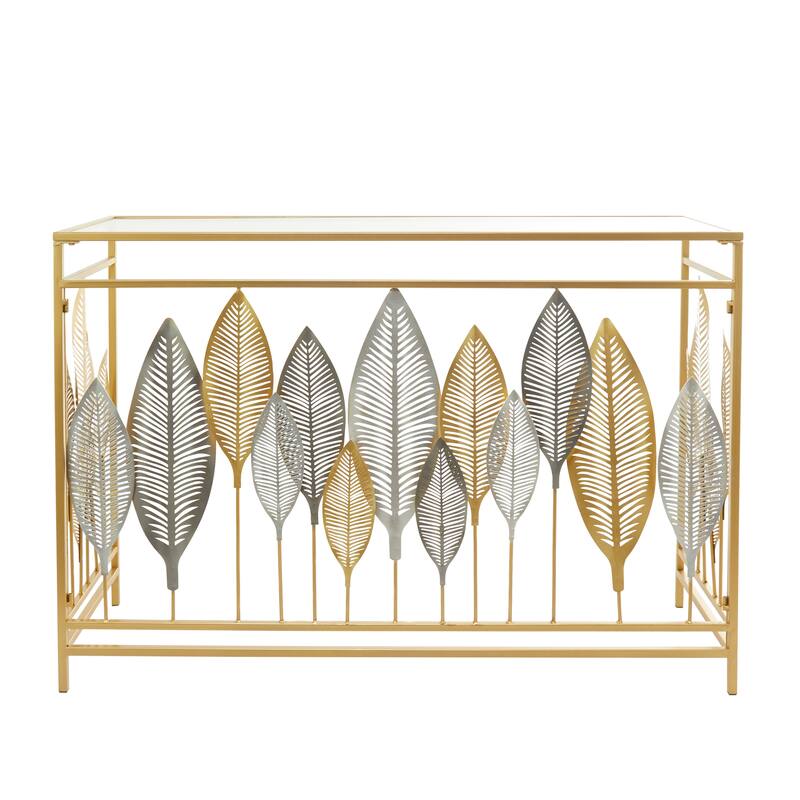 Metal Leaf Rectangular Console Table with Mirrored Glass Top and Gold Accents - Silver, Black or Gold - Roche River Decor