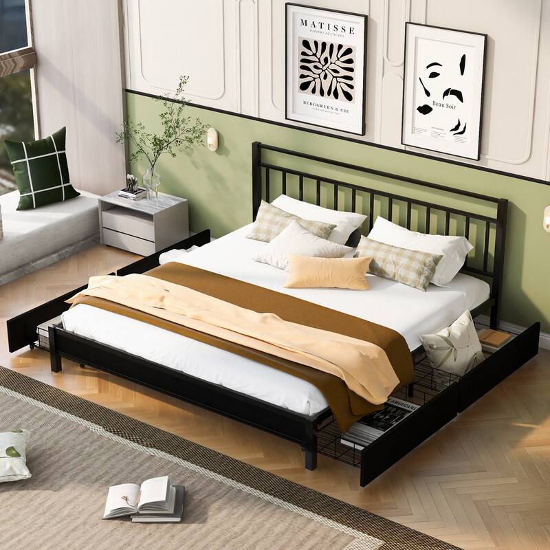 King Size Metal Platform Bed Frame with 4 Storage Drawers