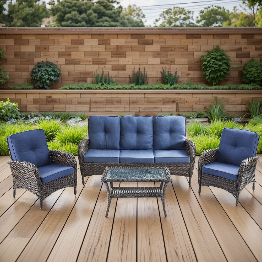 Gymojoy 4-Piece Outdoor Wicker Patio Furniture with 3 Seat Sofa, Rattan Coversation Set with Water Resistant Cushions