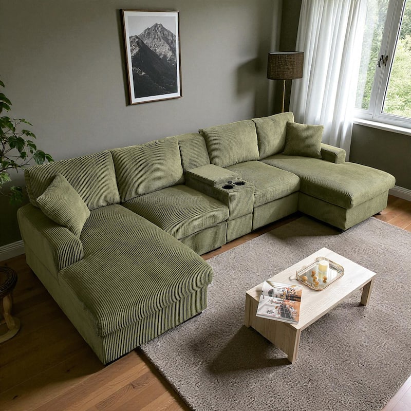 126" U-Shaped Cloud Couch Sectional with Double Chaise, Console, Cup Holders and USB, Oversized Corduroy Sofa - Green