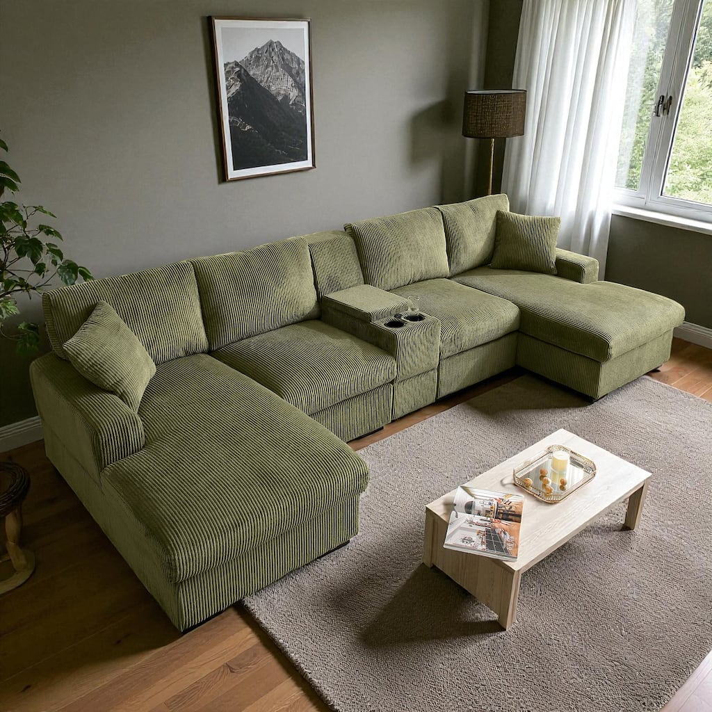 126" U-Shaped Cloud Couch Sectional with Double Chaise, Console, Cup Holders and USB, Oversized Corduroy Sofa