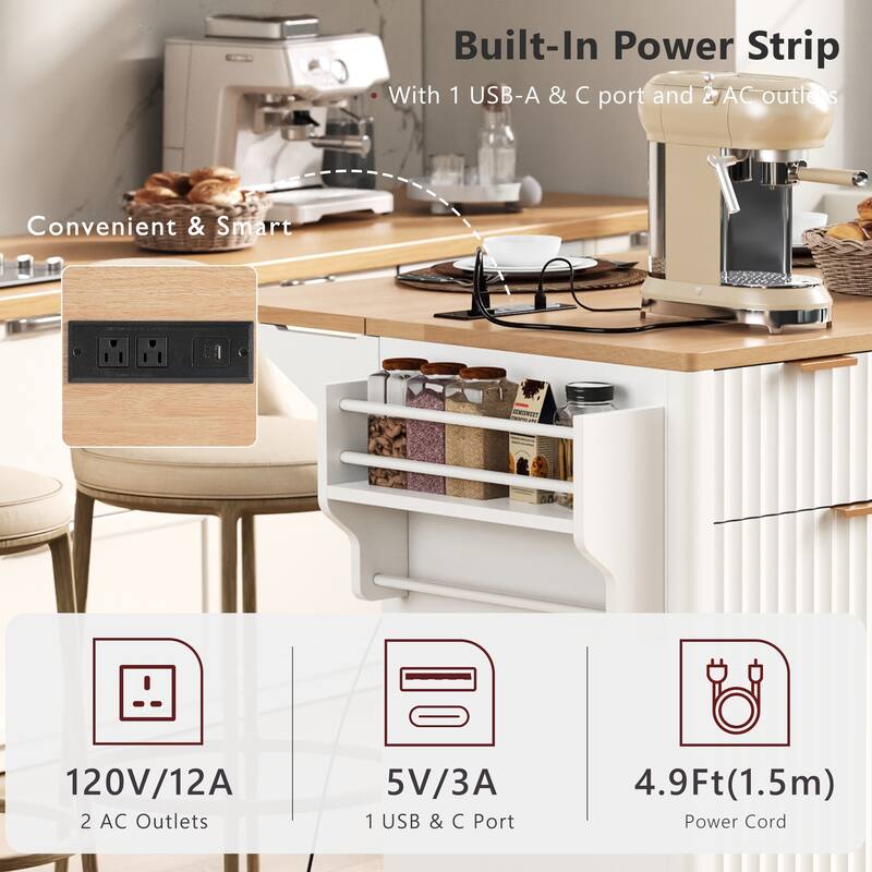 55.5" Fluted Kitchen Island with Foldable Wooden Tabletop, Rolling Island Table with Power Outlet, 3 Drawers for Dining Room