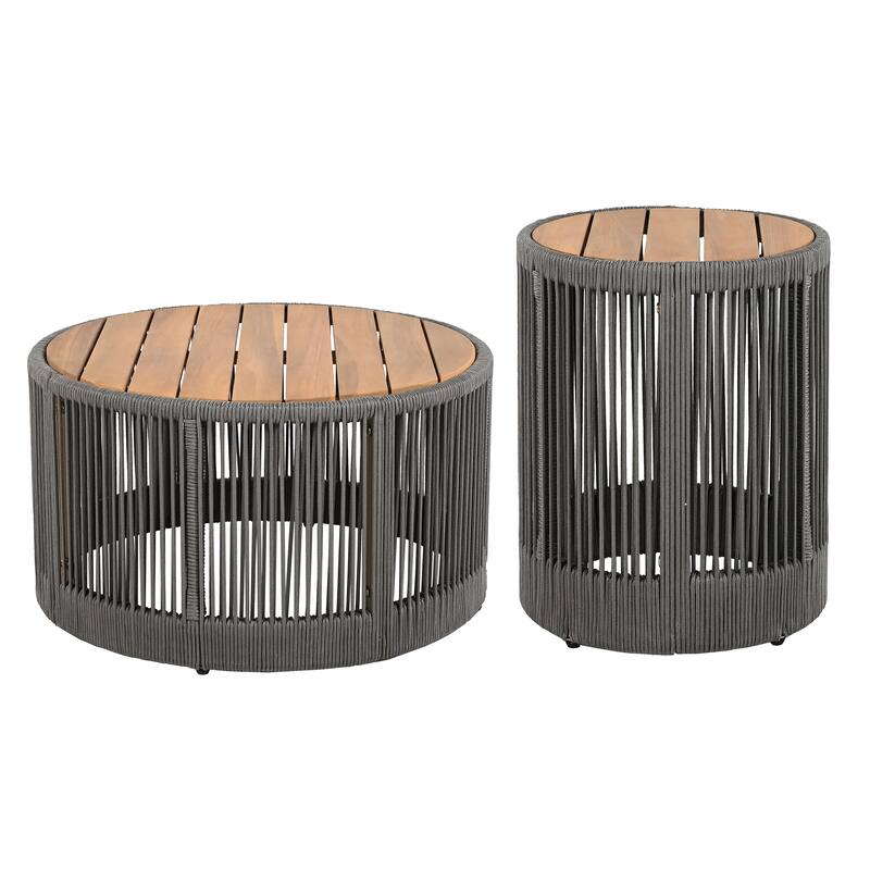 Roomfitters 2-Piece Rustic Industrial Table Set, Coffee and Side Table with Woven Rope Accents