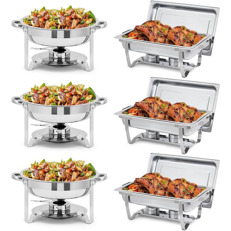 8QT Rectangle & 5 Qt Round Chafers and Buffet Warmers Sets - 3+3 Pcs