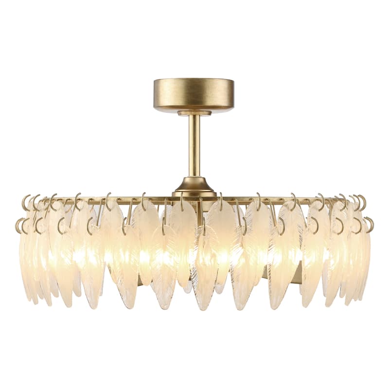 32" Rusted Silver Glass Feather 3-Blade Fandelier Caged Ceiling Fan with Light and Remote